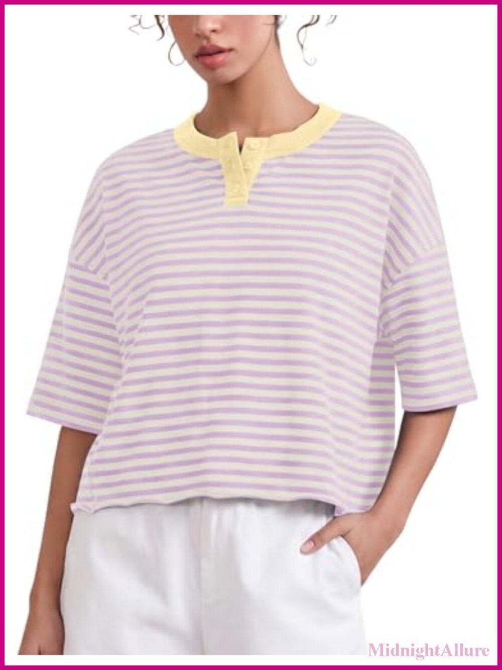 Women's Striped Crop Henley Tee Boxy Fit Half Sleeve Roll Hem Button Up T-Shirt